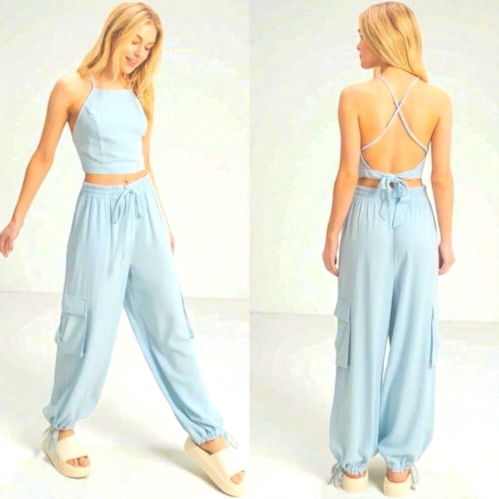 Light Blue Halter Crop Top & Cargo Joggers Set | HYFVE NEW